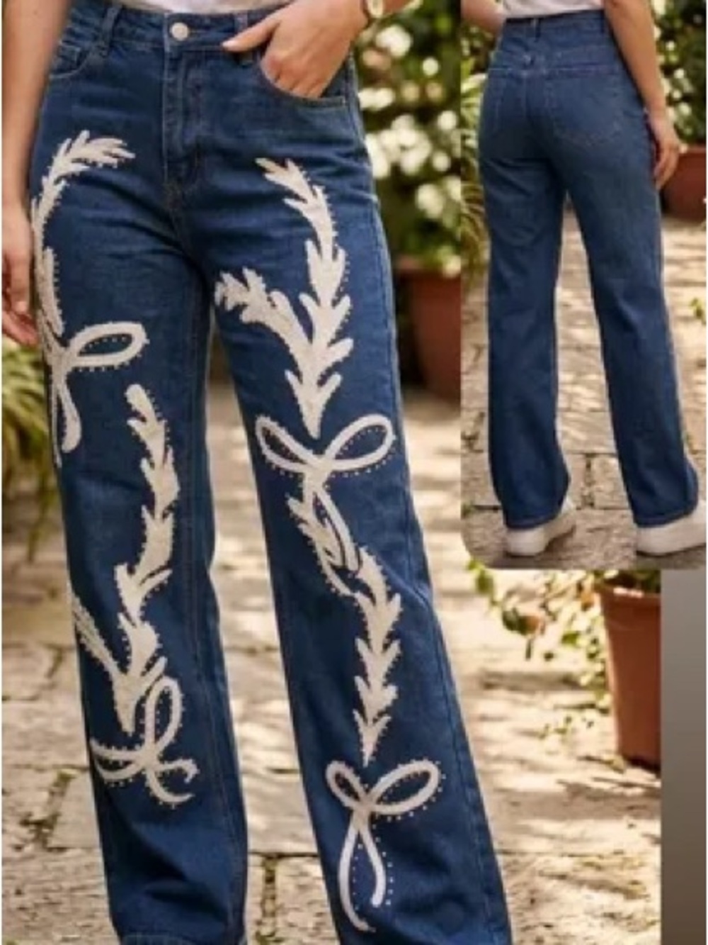 Elegant Dark Blue Jeans with White Leaf Pattern